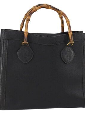 GUCCI Bamboo Hand Bag Leather Black Gold 002 123 0260 Auth 172866